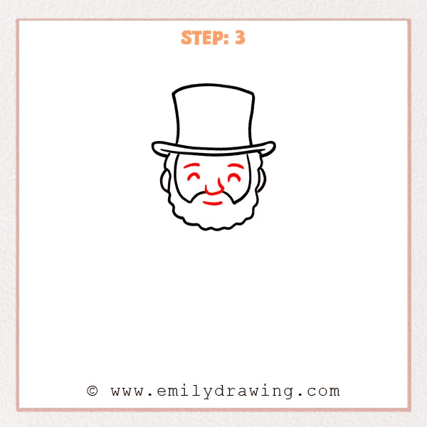how to draw an abraham lincoln - Step 3 of an Abraham Lincoln drawing, adding eyebrows, closed eyes, a rounded nose, and a smile.