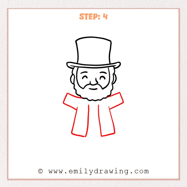 how to draw an abraham lincoln - Step 4 of an Abraham Lincoln drawing, adding raised sleeves and the long outer shape of his coat.