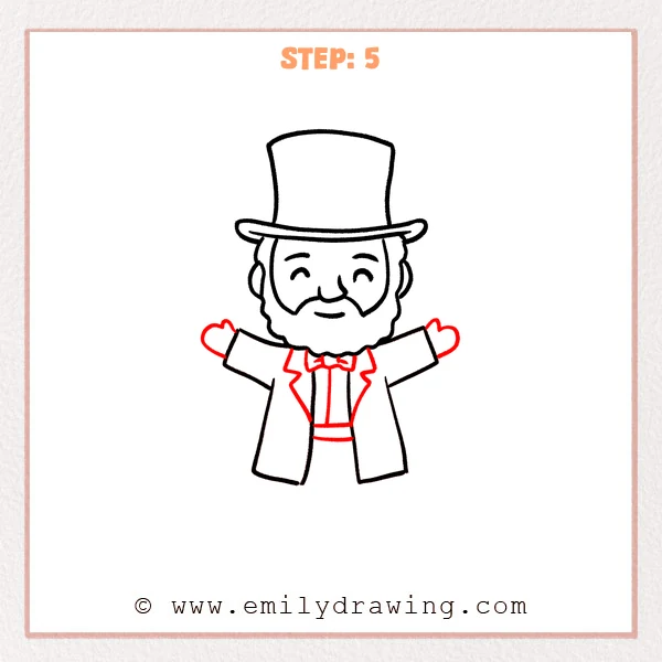 how to draw an abraham lincoln - Step 5 of an Abraham Lincoln drawing, adding hands, coat lapels, a bow tie, shirt lines, and a waistband.