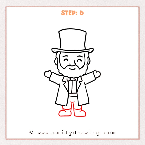 how to draw an abraham lincoln - Step 6 of an Abraham Lincoln drawing, completing the cartoon figure with short legs and rounded shoes.