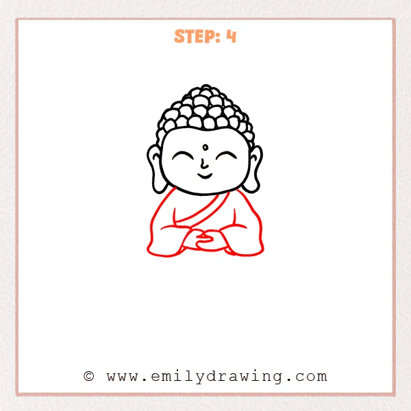 how to draw a buddha - Step 4 progression of the buddha drawing after the "add the robe and hands" stage.