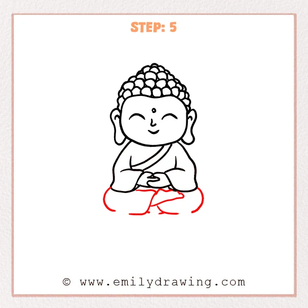 how to draw a buddha - Step 5 progression of the buddha drawing after the "shape the seated legs" stage.