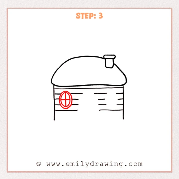 how to draw a cabin - Step 3 progression of the cabin drawing after the "add the left window" stage.