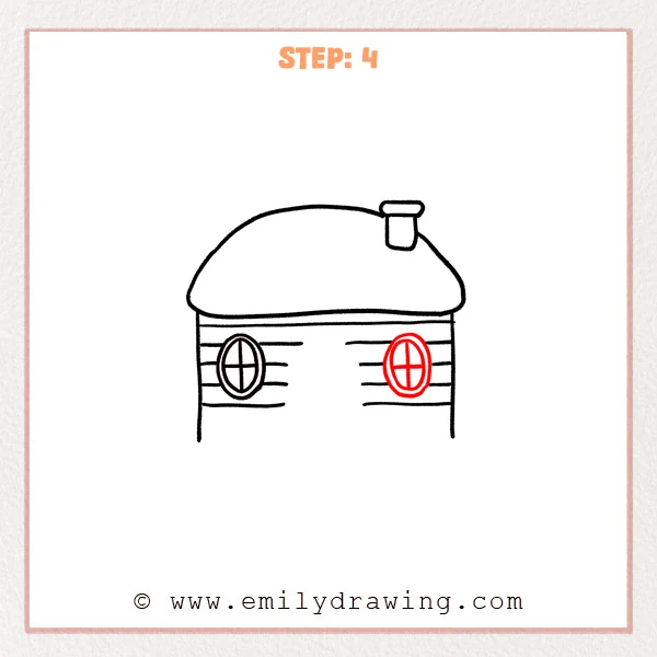 how to draw a cabin - Step 4 progression of the cabin drawing after the "add the right window" stage.