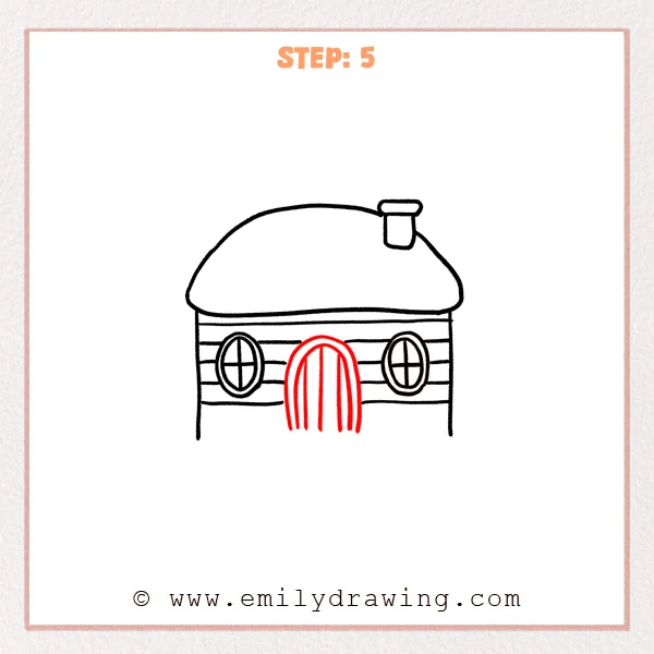 how to draw a cabin - Step 5 progression of the cabin drawing after the "draw the front door" stage.