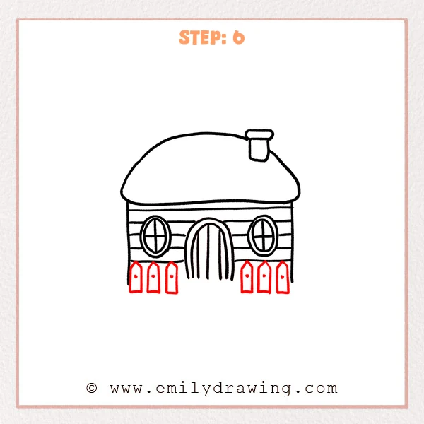 how to draw a cabin - Step 6 progression of the cabin drawing after the "outline the fence" stage.