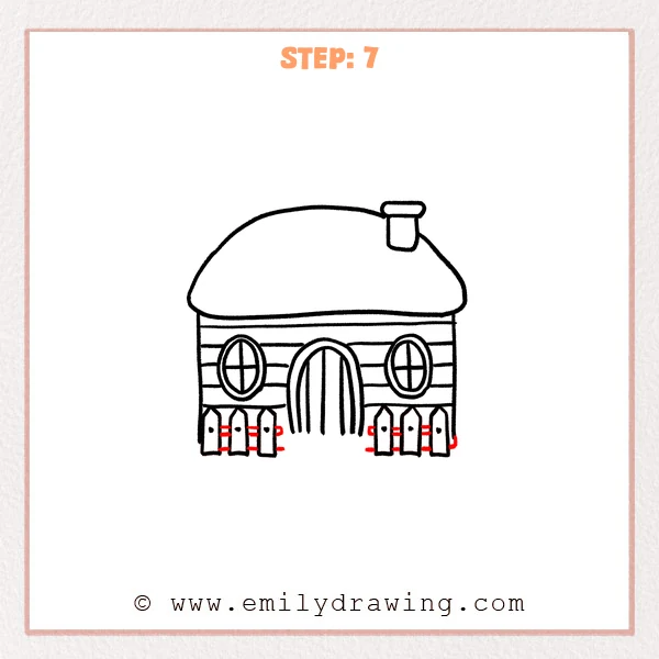 how to draw a cabin - Step 7 progression of the cabin drawing after the "detail the fence" stage.