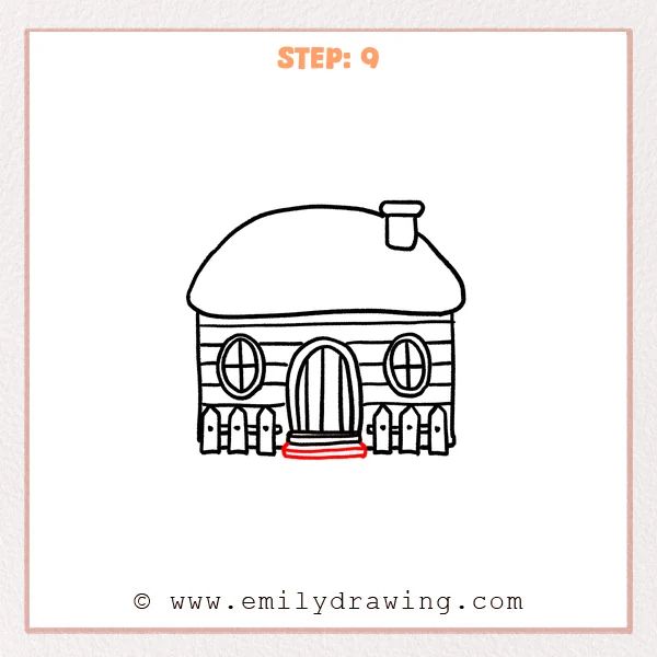 how to draw a cabin - Step 9 progression of the cabin drawing after the "finish the doorstep" stage.