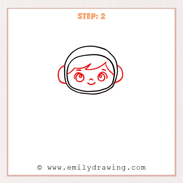 how to draw a cartoon astronaut - Step 2 progression of the cartoon astronaut drawing after the "add the face" stage.
