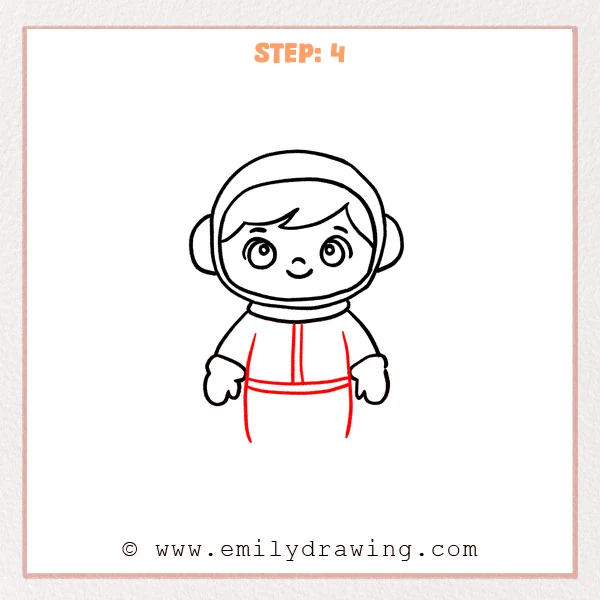 how to draw a cartoon astronaut - Step 4 progression of the cartoon astronaut drawing after the "build the suit body" stage.