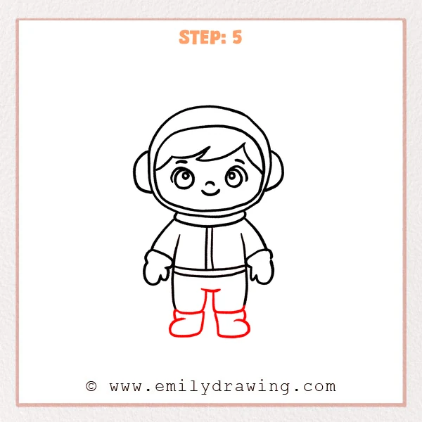 how to draw a cartoon astronaut - Step 5 progression of the cartoon astronaut drawing after the "add legs and boots" stage.