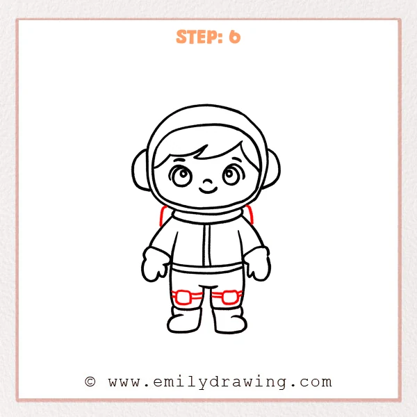 how to draw a cartoon astronaut - Step 6 progression of the cartoon astronaut drawing after the "finish the suit details" stage.