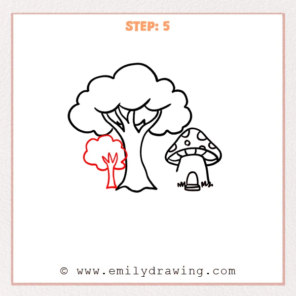how to draw a cartoon background - Step 5 progression of the cartoon background drawing after the "add a small tree" stage.