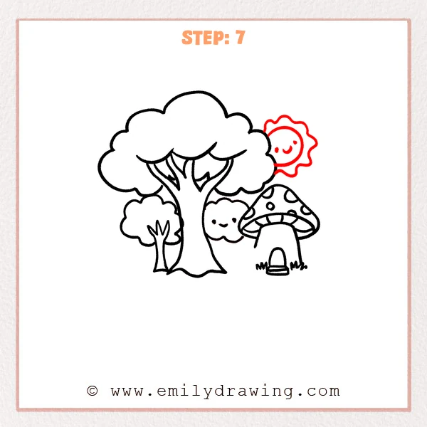 how to draw a cartoon background - Step 7 progression of the cartoon background drawing after the "add the sun" stage.