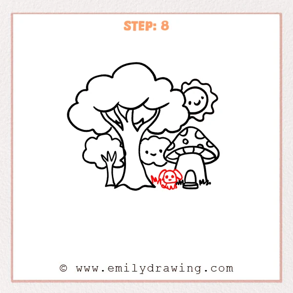 how to draw a cartoon background - Step 8 progression of the cartoon background drawing after the "add a tiny forest friend" stage.
