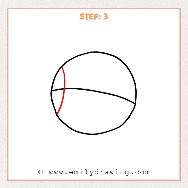 how to draw a cartoon basketball - Step 3 progression of the cartoon basketball drawing after the "add the left seam" stage.