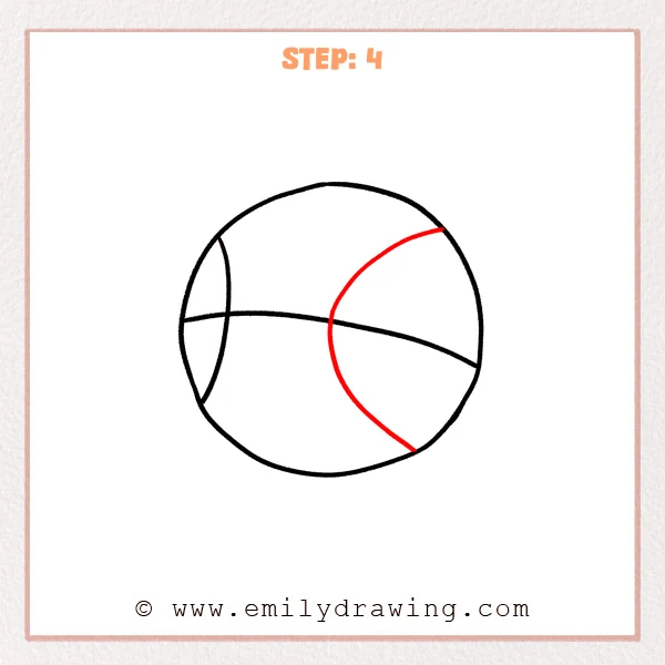 how to draw a cartoon basketball - Step 4 progression of the cartoon basketball drawing after the "add the right seam" stage.