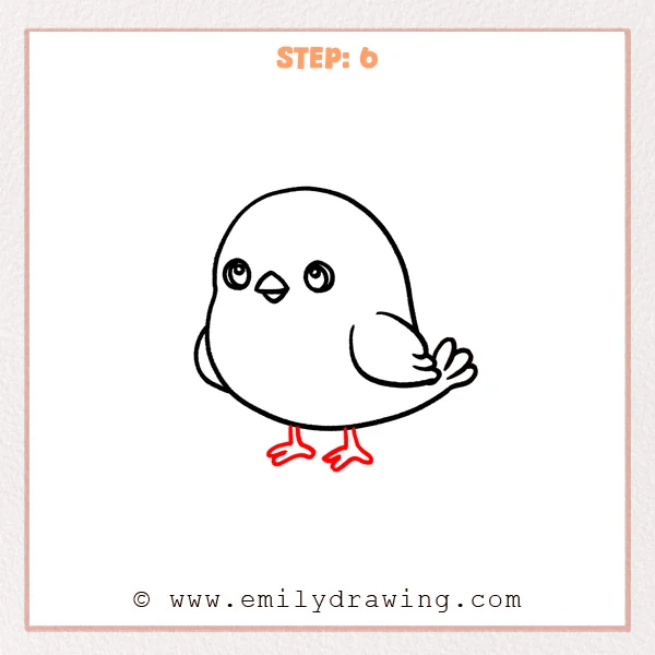 how to draw a cartoon bird - Step 6 progression of the cartoon bird drawing after the "finish with feet" stage.