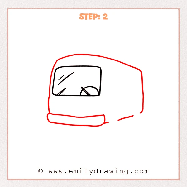 how to draw a cartoon bus - Step 2 progression of the cartoon bus drawing after the "outline the bus" stage.