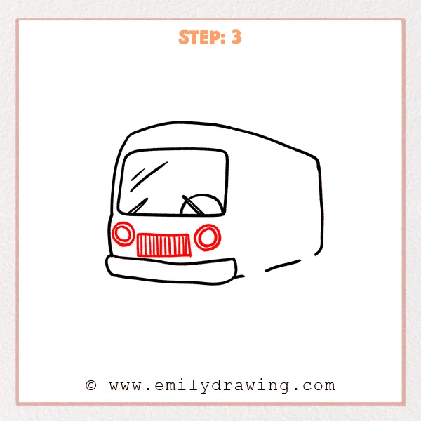 how to draw a cartoon bus - Step 3 progression of the cartoon bus drawing after the "add lights and grille" stage.
