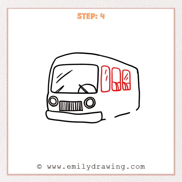 how to draw a cartoon bus - Step 4 progression of the cartoon bus drawing after the "draw the side windows" stage.