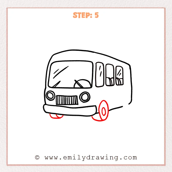 how to draw a cartoon bus - Step 5 progression of the cartoon bus drawing after the "add the main wheels" stage.