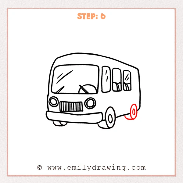 how to draw a cartoon bus - Step 6 progression of the cartoon bus drawing after the "finish the rear wheel" stage.