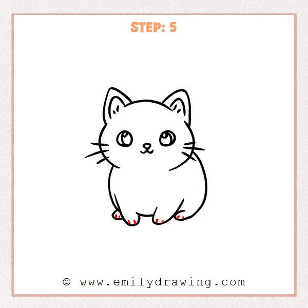how to draw a cartoon cat - Step 5 progression of the cartoon cat drawing after the "detail the paws" stage.