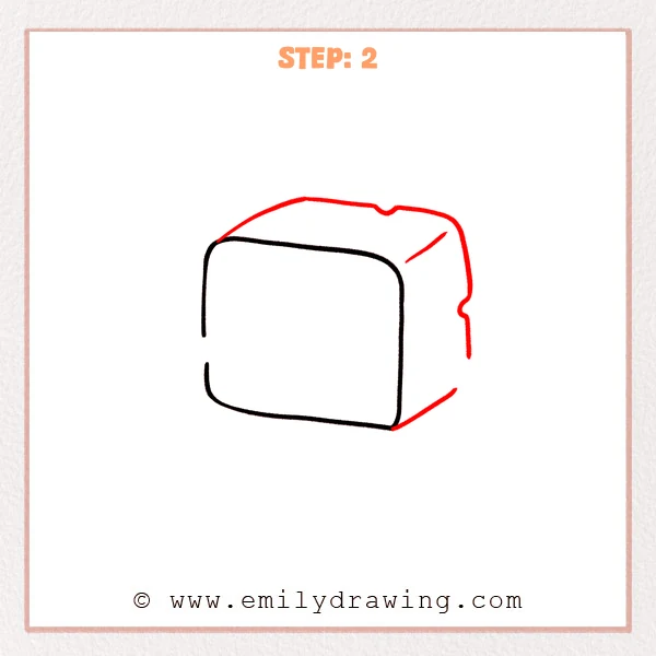 how to draw a cartoon cheese - Step 2 progression of the cartoon cheese drawing after the "add the cheese block" stage.