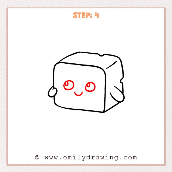 how to draw a cartoon cheese - Step 4 progression of the cartoon cheese drawing after the "add the face" stage.