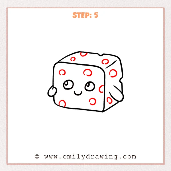 how to draw a cartoon cheese - Step 5 progression of the cartoon cheese drawing after the "add the cheese holes" stage.