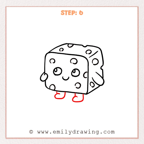 how to draw a cartoon cheese - Step 6 progression of the cartoon cheese drawing after the "finish with feet" stage.