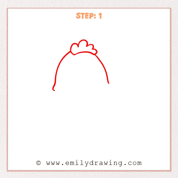how to draw a cartoon chicken - Step 1 progression of the cartoon chicken drawing after the "draw the head and comb" stage.