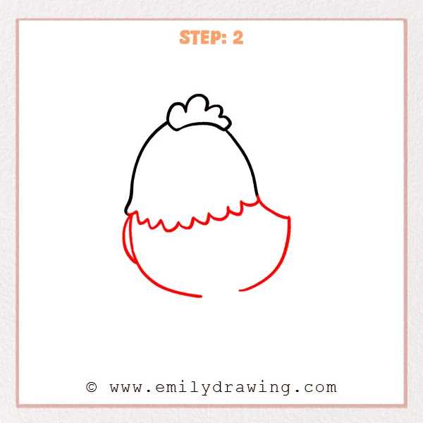 how to draw a cartoon chicken - Step 2 progression of the cartoon chicken drawing after the "build the body" stage.
