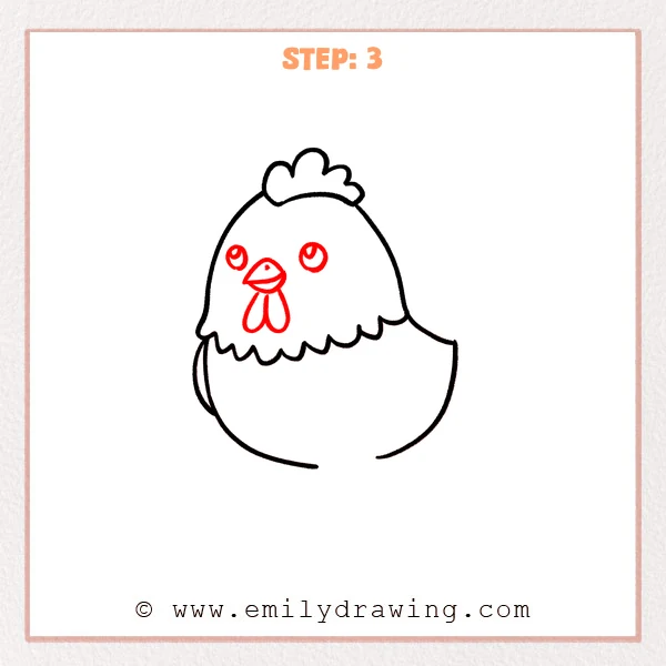 how to draw a cartoon chicken - Step 3 progression of the cartoon chicken drawing after the "draw the face" stage.