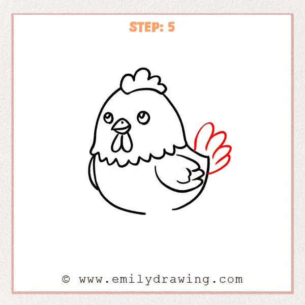 how to draw a cartoon chicken - Step 5 progression of the cartoon chicken drawing after the "add the tail" stage.
