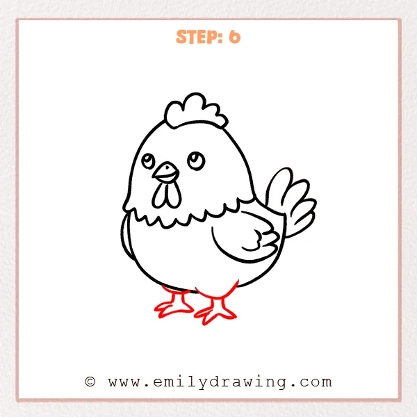 how to draw a cartoon chicken - Step 6 progression of the cartoon chicken drawing after the "finish with feet" stage.