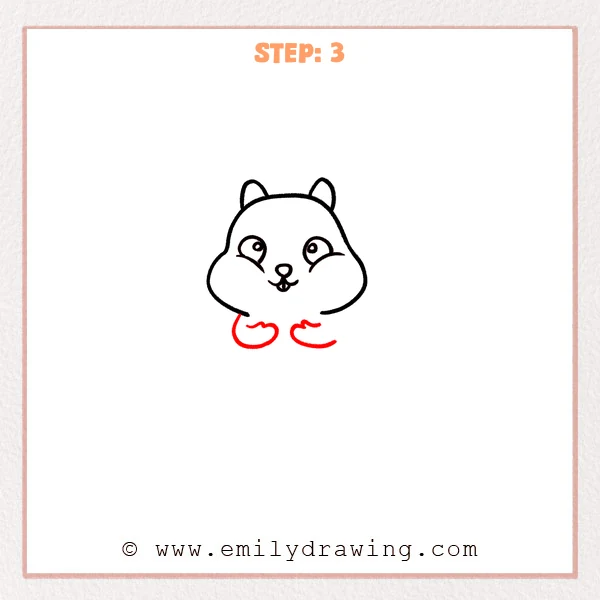 how to draw a cartoon chipmunk - Step 3 progression of the cartoon chipmunk drawing after the "draw the paws" stage.