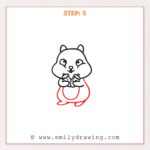 how to draw a cartoon chipmunk - Step 5 progression of the cartoon chipmunk drawing after the "build the body" stage.