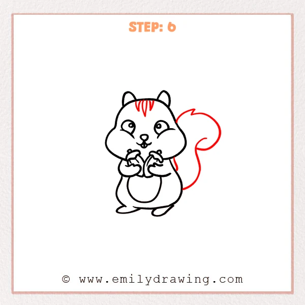 how to draw a cartoon chipmunk - Step 6 progression of the cartoon chipmunk drawing after the "finish the tail and stripes" stage.