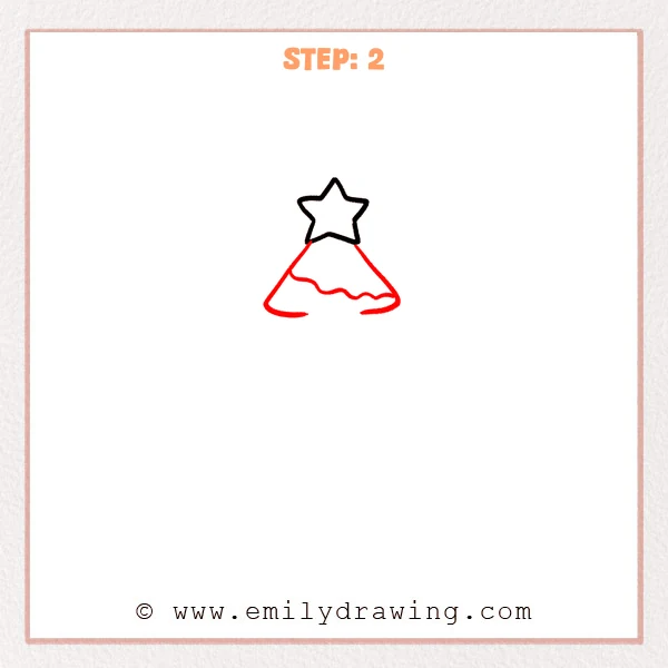 how to draw a cartoon christmas tree - Step 2 progression of the cartoon christmas tree drawing after the "add the top branches" stage.