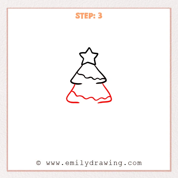 how to draw a cartoon christmas tree - Step 3 progression of the cartoon christmas tree drawing after the "add the middle tier" stage.