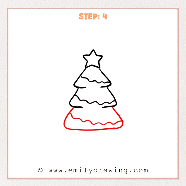how to draw a cartoon christmas tree - Step 4 progression of the cartoon christmas tree drawing after the "add the bottom tier" stage.
