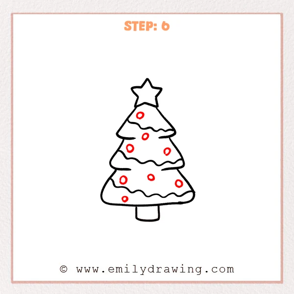 how to draw a cartoon christmas tree - Step 6 progression of the cartoon christmas tree drawing after the "add the ornaments" stage.