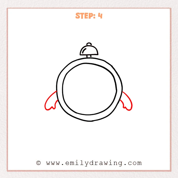 how to draw a cartoon clock - Step 4 progression of the cartoon clock drawing after the "add the arms" stage.
