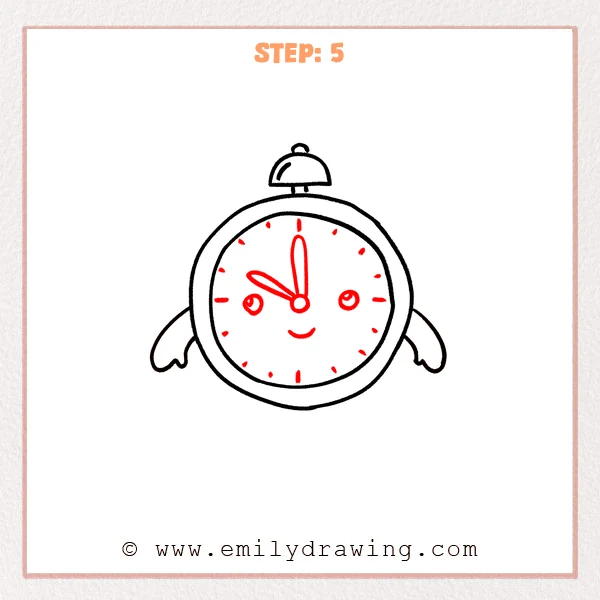 how to draw a cartoon clock - Step 5 progression of the cartoon clock drawing after the "fill the clock face" stage.