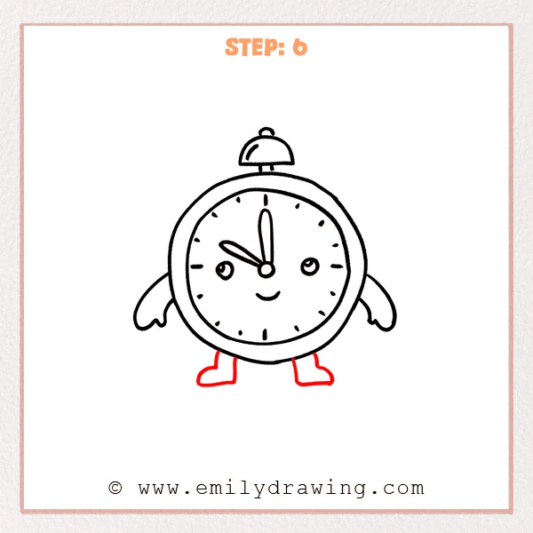 how to draw a cartoon clock - Step 6 progression of the cartoon clock drawing after the "finish with feet" stage.