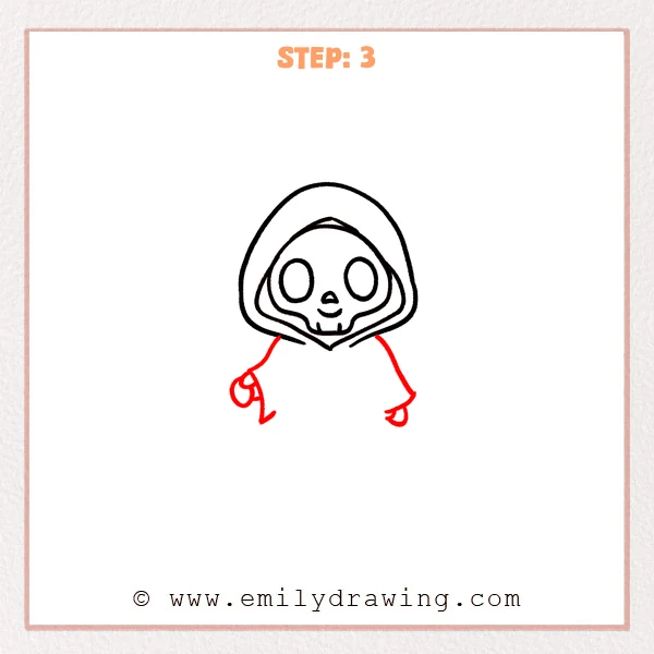 how to draw a cartoon death - Step 3 progression of the cartoon death drawing after the "sketch the arms" stage.