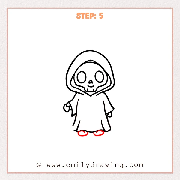 how to draw a cartoon death - Step 5 progression of the cartoon death drawing after the "add the feet" stage.