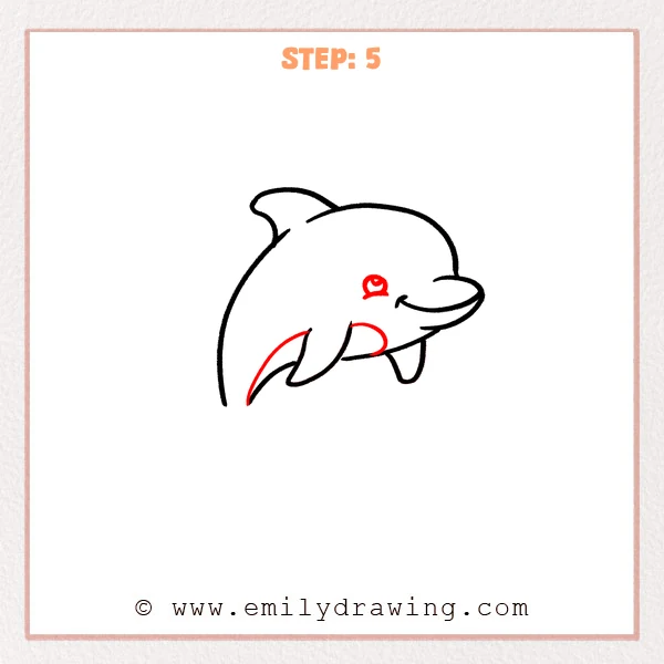 how to draw a cartoon dolphin - Step 5 progression of the cartoon dolphin drawing after the "add the face and belly" stage.